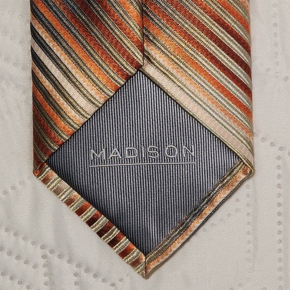 Madison Men's Necktie Diagonal Stripe, Burnt Orange, Grey,‎ Beige Business - Picture 4 of 7